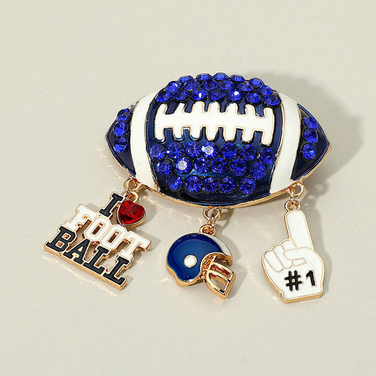 Gold, Sapphire, White Bling Studded Football Pin Brooch