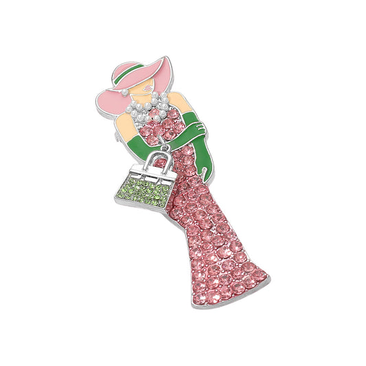 Pink & Green Rhinestone Elegant Lady with Handbag and Pearls Pin Brooch