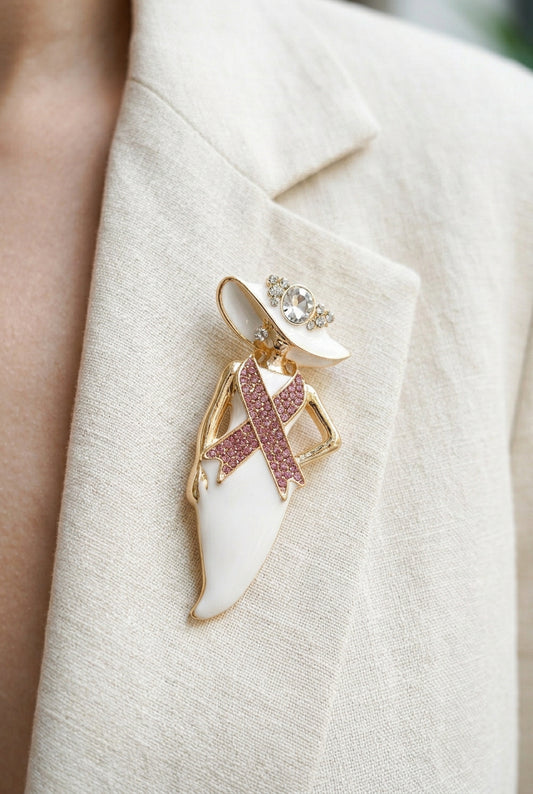 White & Pink Breast Cancer Awareness Pink Ribbon Accent Lady Pin Brooch M H W ACCESSORIES LLC White & Pink Breast Cancer Awareness Pink Ribbon Accent Lady Pin Brooch