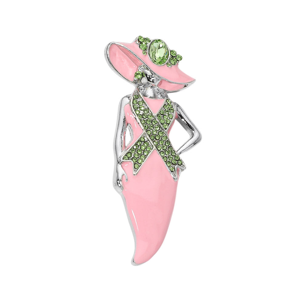 Pink & Green Breast Cancer Awareness Pink Ribbon Accent Lady Pin Brooch M H W ACCESSORIES LLC Pink & Green Breast Cancer Awareness Pink Ribbon Accent Lady Pin Brooch