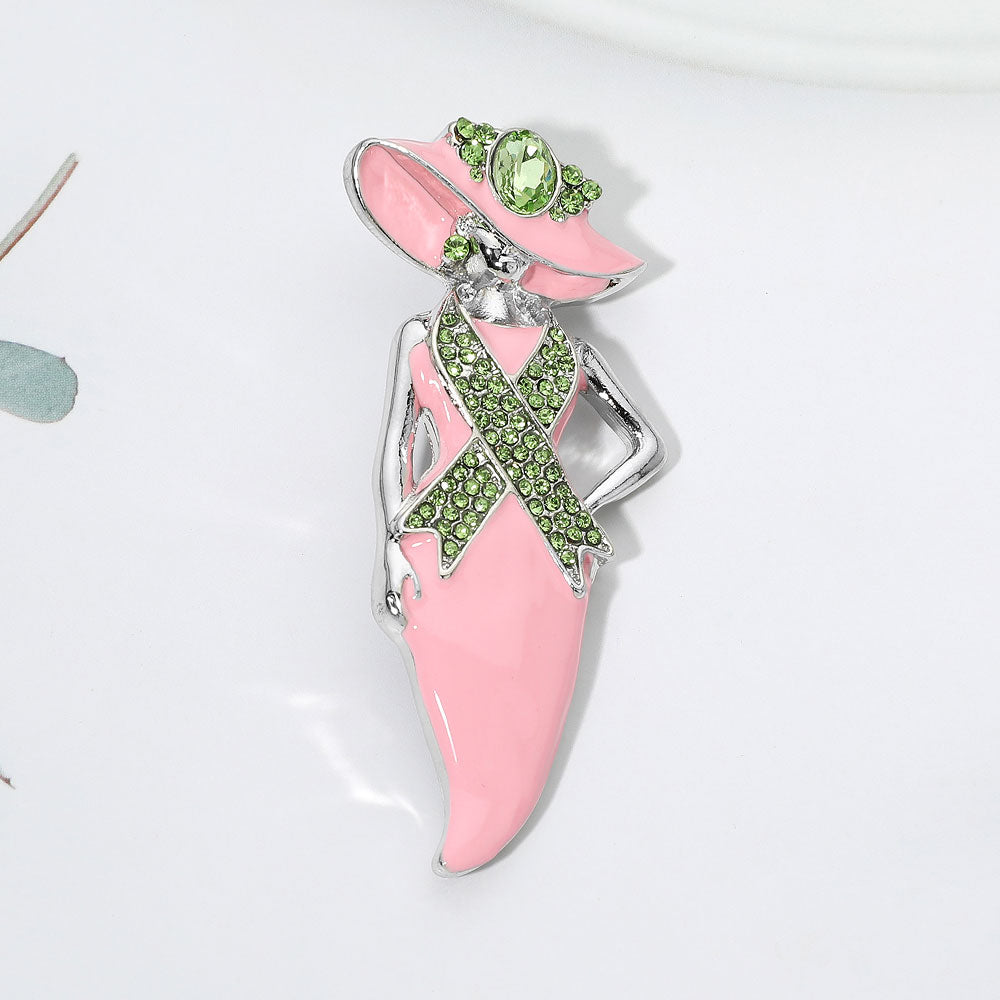 Pink & Green Breast Cancer Awareness Pink Ribbon Accent Lady Pin Brooch M H W ACCESSORIES LLC Pink & Green Breast Cancer Awareness Pink Ribbon Accent Lady Pin Brooch