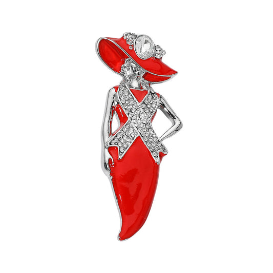 Red & White Breast Cancer Awareness Pink Ribbon Accent Lady Pin Brooch M H W ACCESSORIES LLC Red & White Breast Cancer Awareness Pink Ribbon Accent Lady Pin Brooch