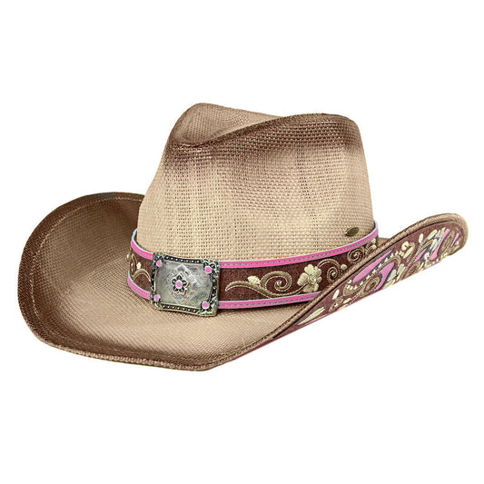 BROWN TEA-STAIN VENTED COWBOY WITH PINK DECO. EMB. BRIM PATCHES - M H W ACCESSORIES LLC