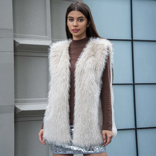 Beige Faux Fur Fuzzy Vest - M H W ACCESSORIES LLC