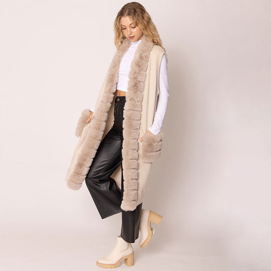 Beige Faux Fur Long Vest - M H W ACCESSORIES LLC