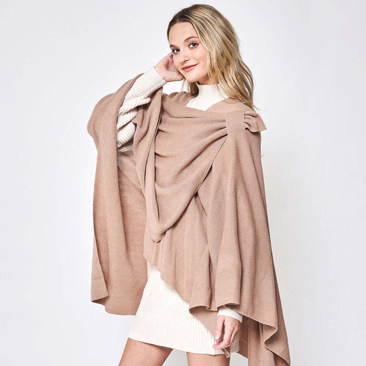 Beige Shoulder Strap Solid Ruana Poncho - M H W ACCESSORIES LLC