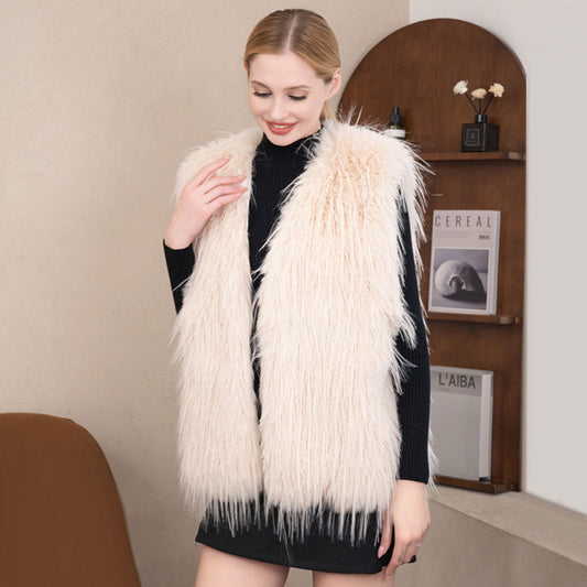Beige Solid Faux Fur Vest - M H W ACCESSORIES LLC