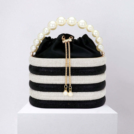 Black Bling Pearl Top Handle Drawstring Box Crossbody Bag - M H W ACCESSORIES LLC