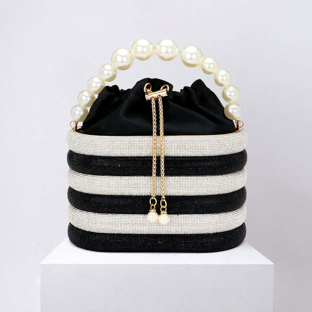 Black Bling Pearl Top Handle Drawstring Box Crossbody Bag - M H W ACCESSORIES LLC