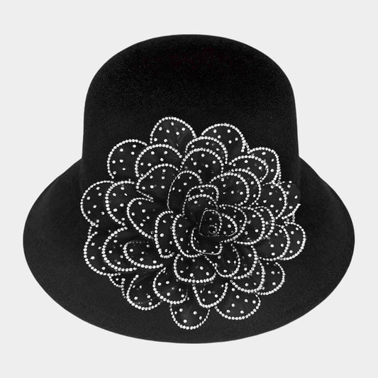 Black Bling Studded Flower Accented Felt Bucket Hat - M H W ACCESSORIES LLC