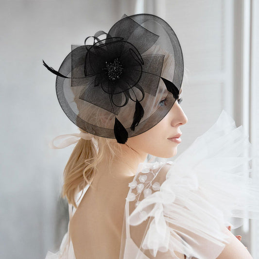 Black Bow Flower Feather Mesh Flower Fascinator / Headband - M H W ACCESSORIES LLC