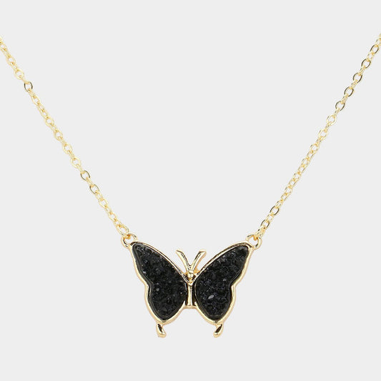 Black Butterfly Druzy Pendant Necklace - M H W ACCESSORIES LLC