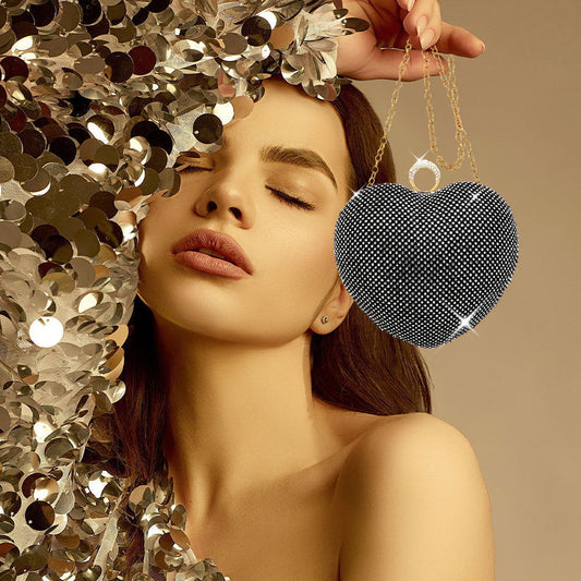 Black Crossbody Bag Rhinestone Embellished Heart Evening Clutch / Crossbody Bag - M H W ACCESSORIES LLC
