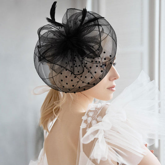 Black Dot Bow Feather Mesh Flower Fascinator / Headband - M H W ACCESSORIES LLC