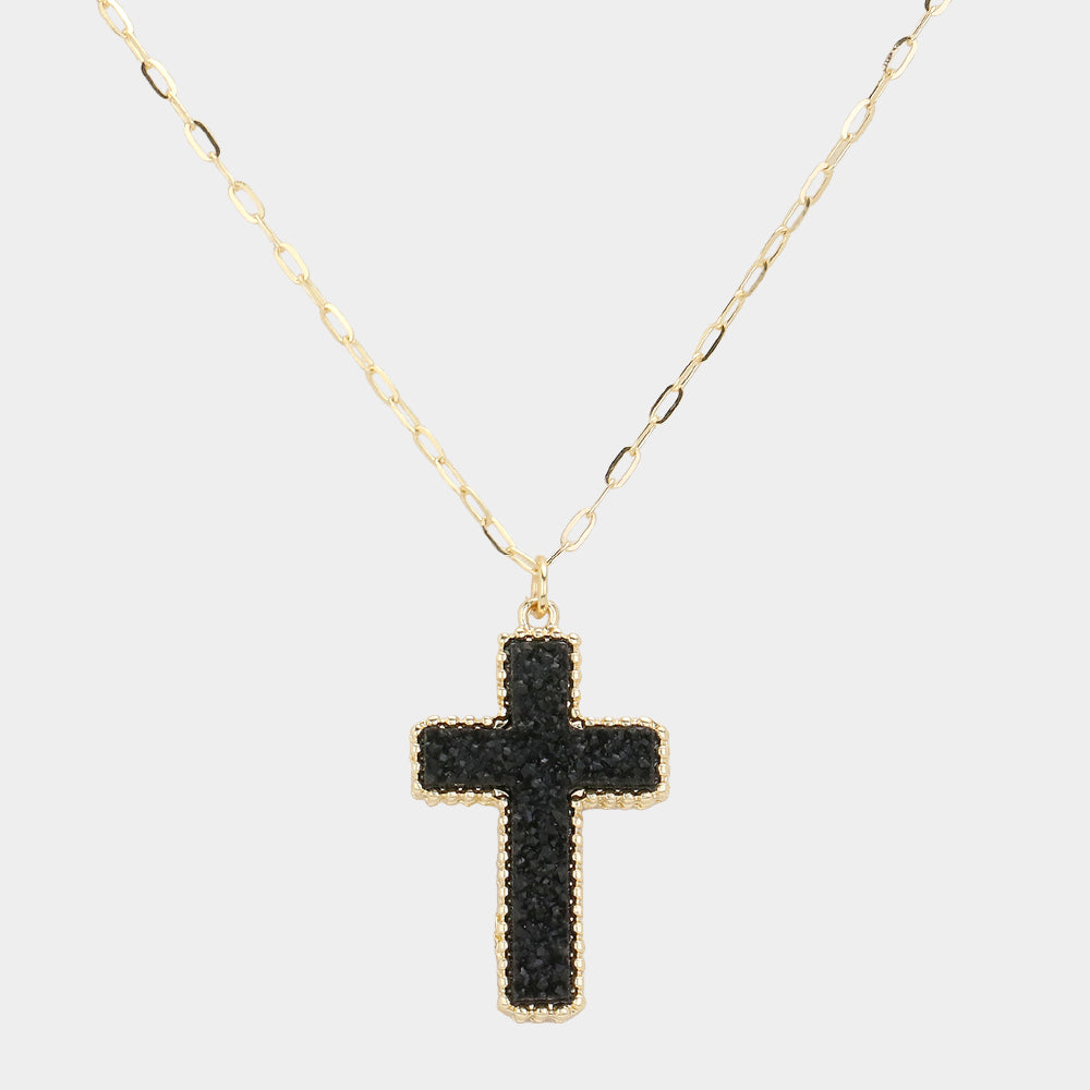 Black Druzy Cross Pendant Necklace for Women - M H W ACCESSORIES LLC