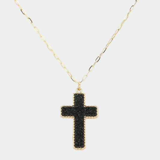 Black Druzy Cross Pendant Necklace for Women - M H W ACCESSORIES LLC