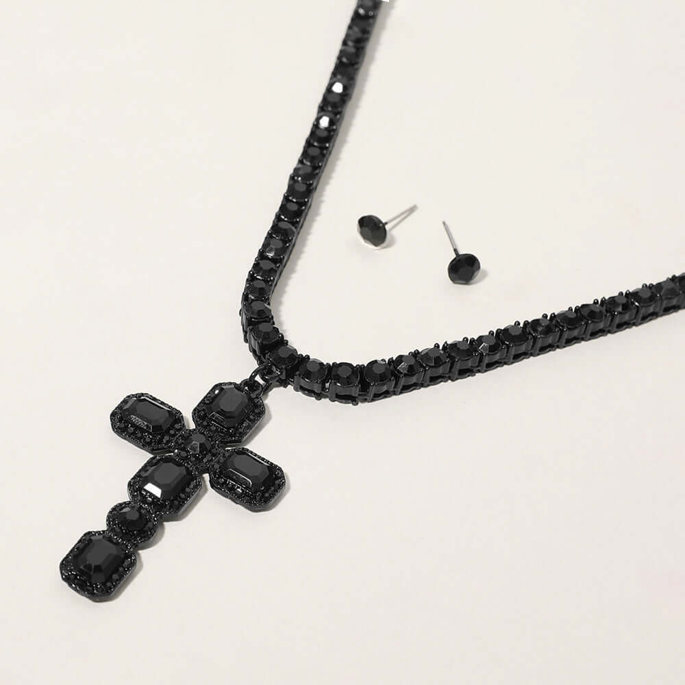 Black Embellished Cross Pendant Bling Studded Chunky Chain Necklace - M H W ACCESSORIES LLC