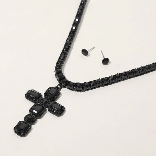 Black Embellished Cross Pendant Bling Studded Chunky Chain Necklace - M H W ACCESSORIES LLC