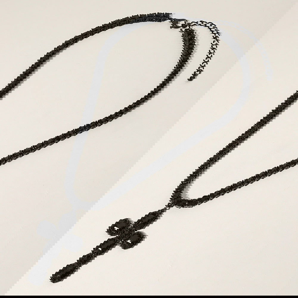 Black Embellished Cross Pendant Bling Studded Chunky Chain Necklace - M H W ACCESSORIES LLC