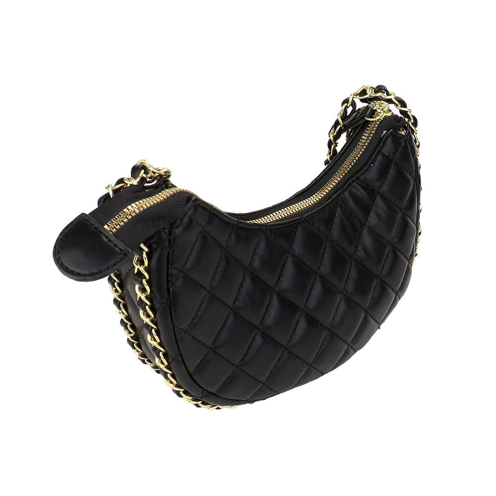 Black Faux Leather Quilted Chain Strap Crossbody Bag - M H W ACCESSORIES LLC
