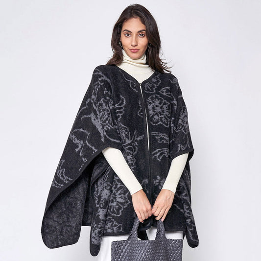 Black Floral Patterned Woven Ruana Poncho - M H W ACCESSORIES LLC