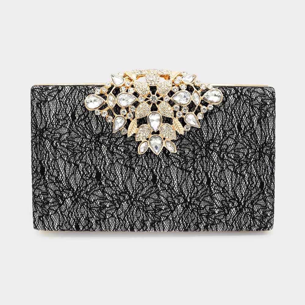 Black Floral Stone Embellished Glittered Evening Clutch / Crossbody Bag