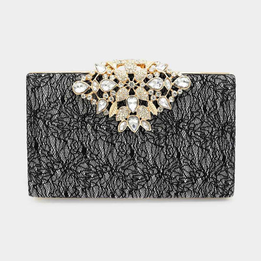 Black Floral Stone Embellished Glittered Evening Clutch / Crossbody Bag