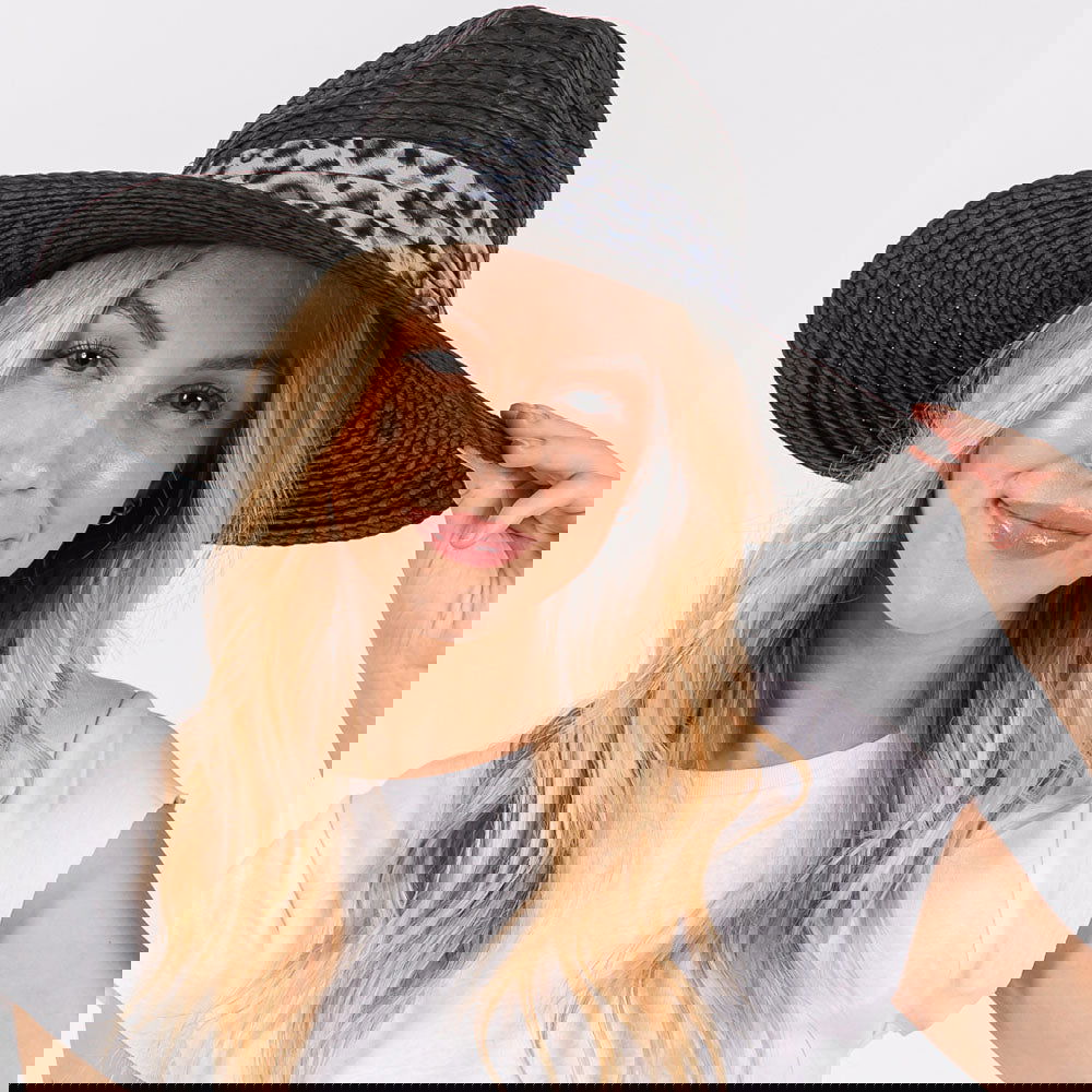 Black Leopard Band Straw Sun Hat - M H W ACCESSORIES LLC