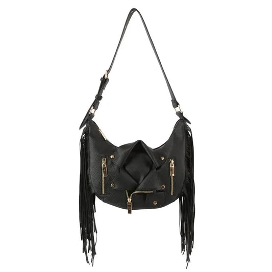 Black Moto Fringe Shoulder Bag - M H W ACCESSORIES LLC