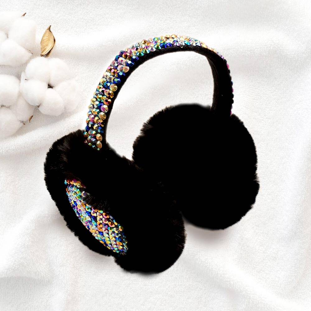 Black & Multi Studded Fluffy Plush Fur Foldable Earmuff - M H W ACCESSORIES LLC
