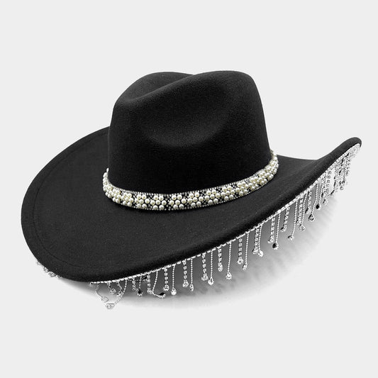 Black Pearl Flower Cluster Embellished Rhinestone Stone Fringe Cowboy Western Hat - M H W ACCESSORIES LLC