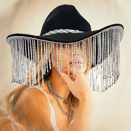 Black Rhinestone Fringe Western Cowboy Hat for Women - M H W ACCESSORIES LLC