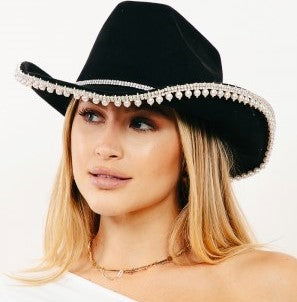 Black Rhinestone Pearl Trim Cowboy Hat - M H W ACCESSORIES LLC