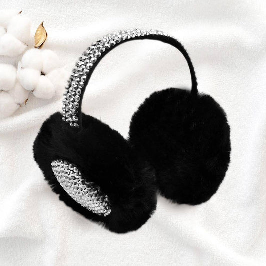 Black & Silver Studded Fluffy Plush Fur Foldable Earmuff - M H W ACCESSORIES LLC