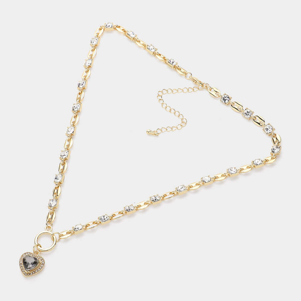 Black Square Rhinestone Cluster Link Heart Pendant Necklace - M H W ACCESSORIES LLC