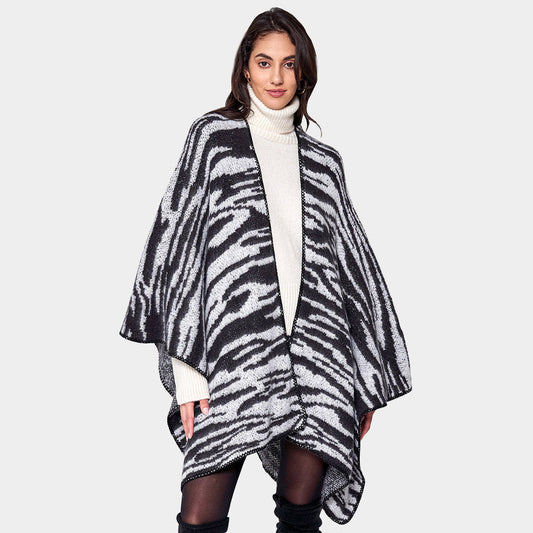 Black Zebra Patterned Ruana Poncho - M H W ACCESSORIES LLC