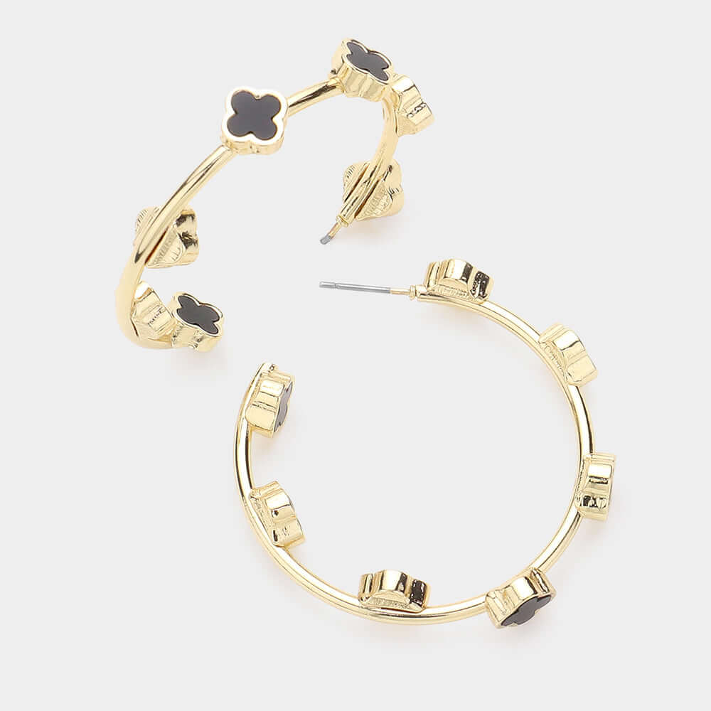 Black and Gold Quatrefoil Pointed Hoop Earrings - M H W ACCESSORIES LLC