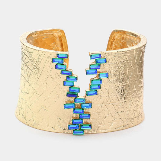 Blue Baguette Stone Pointed Textured Metal Cuff Bracelet for Women - M H W ACCESSORIES LLC