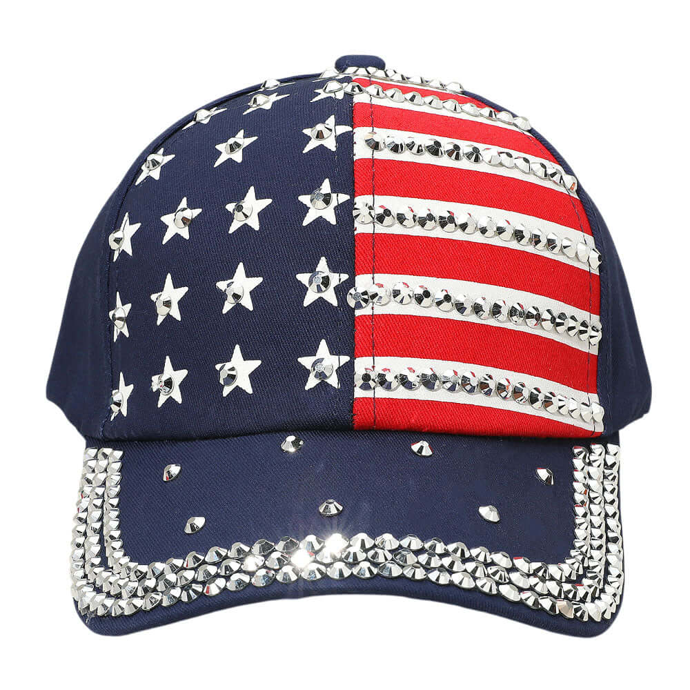Blue Bling Studded American USA Flag Baseball Cap - M H W ACCESSORIES LLC