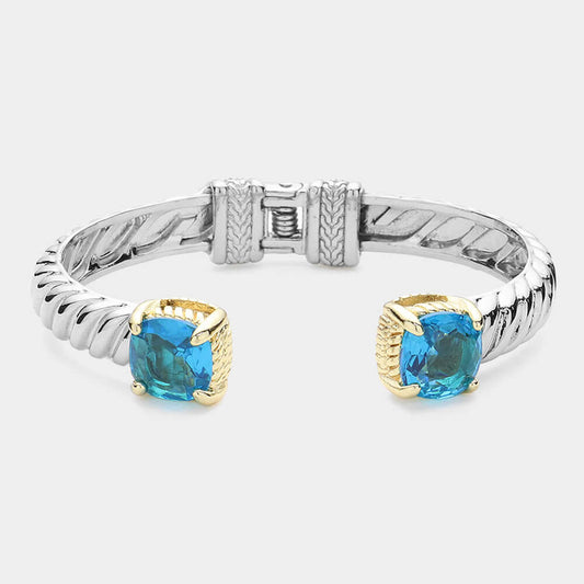 Blue CZ Square Two Tone Twisted Metal Cuff Bracelet - M H W ACCESSORIES LLC