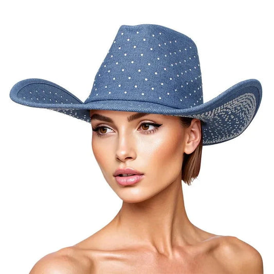 Blue Denim Western Rhinestone Cowboy Fedora Hat - M H W ACCESSORIES LLC