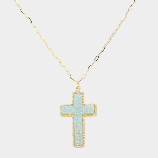 Blue Opal Druzy Cross Pendant Necklace - M H W ACCESSORIES LLC