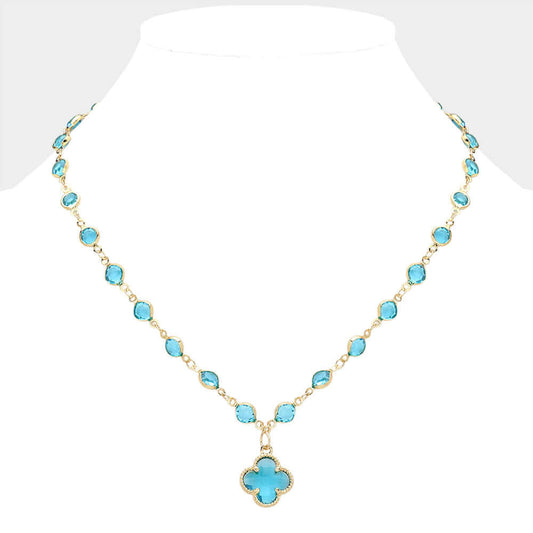 Blue Quatrefoil Pendant Pointed Rhinestone Bezel Station Necklace - M H W ACCESSORIES LLC