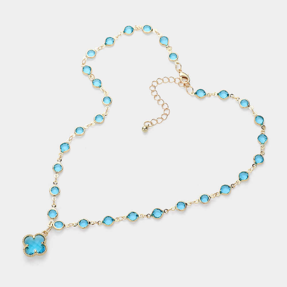 Blue Quatrefoil Pendant Pointed Rhinestone Bezel Station Necklace - M H W ACCESSORIES LLC