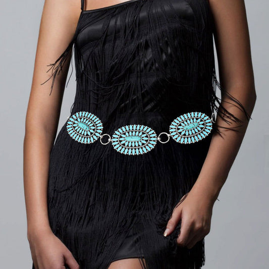 Boho Vintage Western Oval Turquoise Stone Pointed Concho Chain Belt - M H W ACCESSORIES LLC