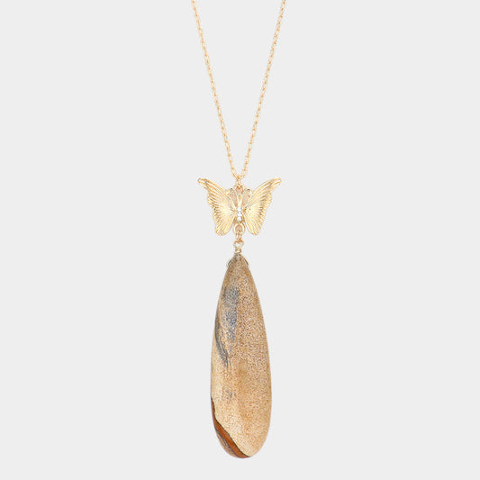 Brown Butterfly Natural Stone Teardrop Link Pendant Long Necklace - M H W ACCESSORIES LLC