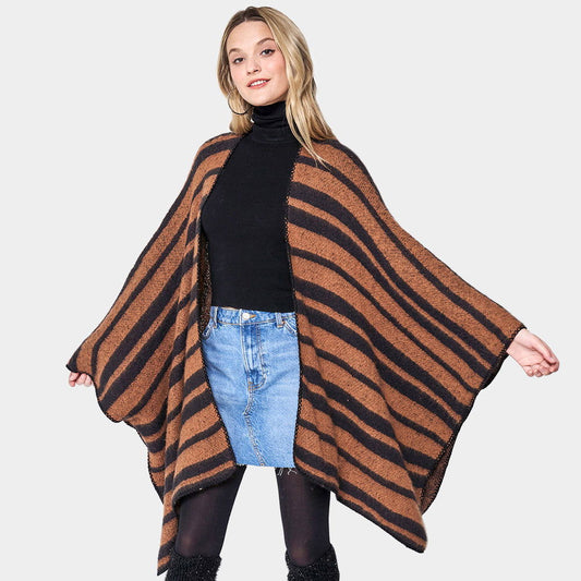 Brown Striped Cozy Two Tone Knit Kimono Poncho - M H W ACCESSORIES LLC