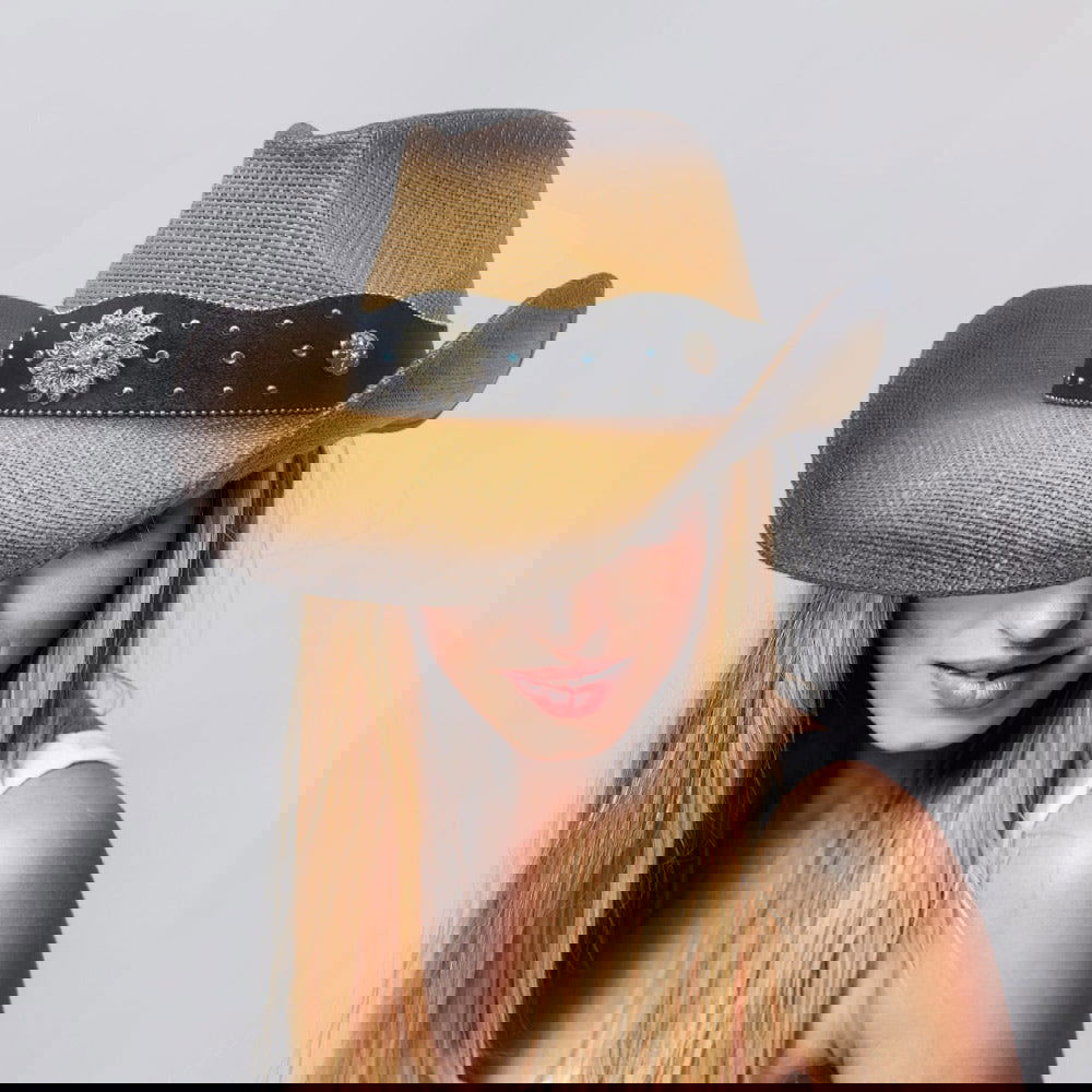 Brown Vintage Metal Western Flower Pointed Genuine Leather Straw Cowboy Hat - M H W ACCESSORIES LLC