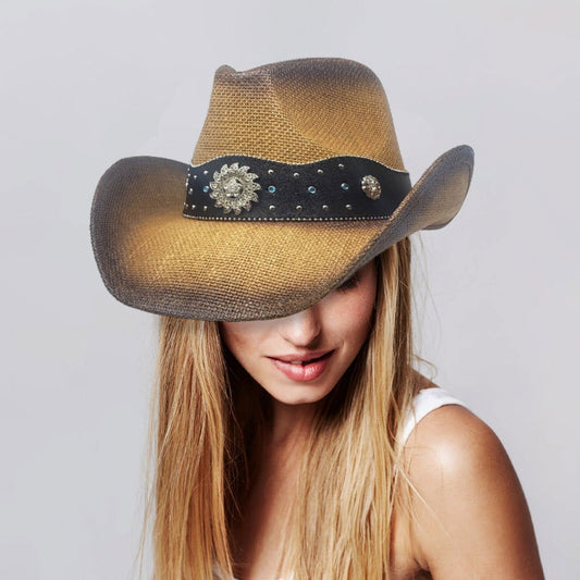 Brown Vintage Metal Western Flower Pointed Genuine Leather Straw Cowboy Hat - M H W ACCESSORIES LLC