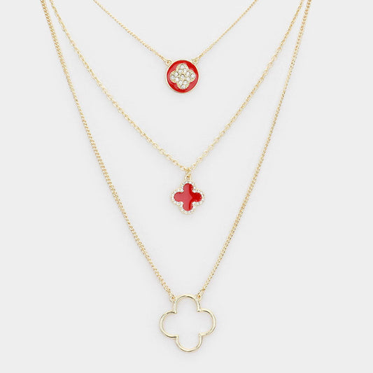 Burgundy Enamel Rhinestone Quatrefoil Pendant Triple Layered Necklace - M H W ACCESSORIES LLC